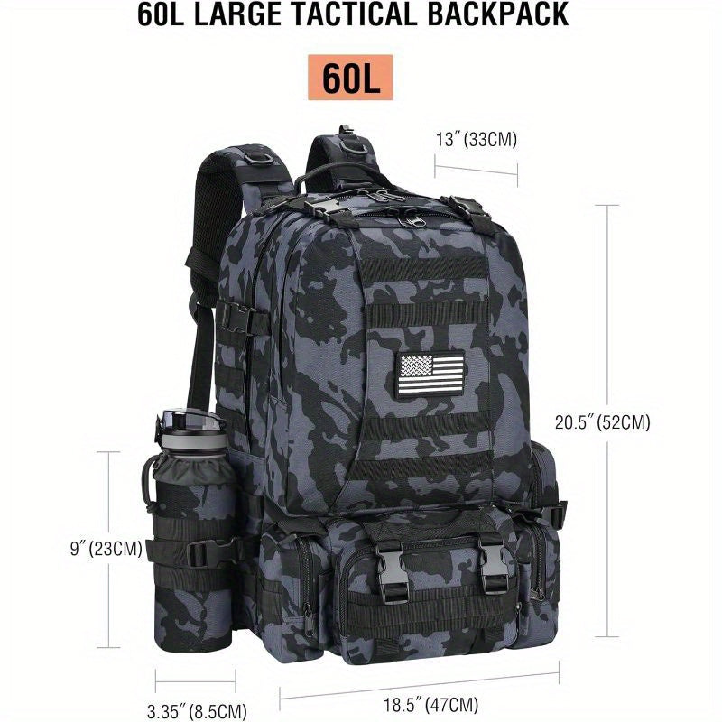 60L Military Tactical Backpack for Men - 3 Day Assault Pack with Detachable Rucksack & Bottle Holder