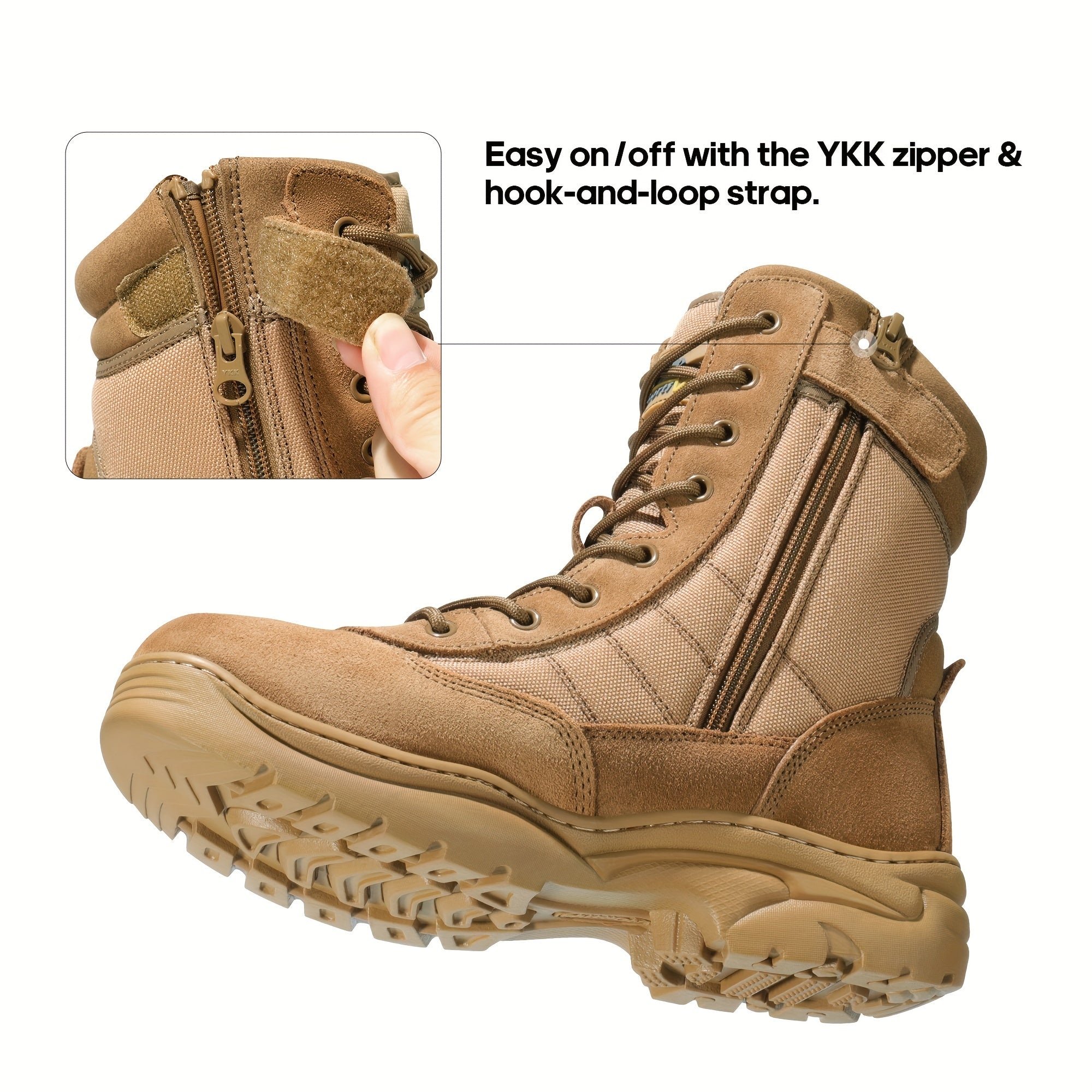 Men's Rugged Tactical Leather Work Boots - Water-Resistant, Slip-Resistant with Side Zipper