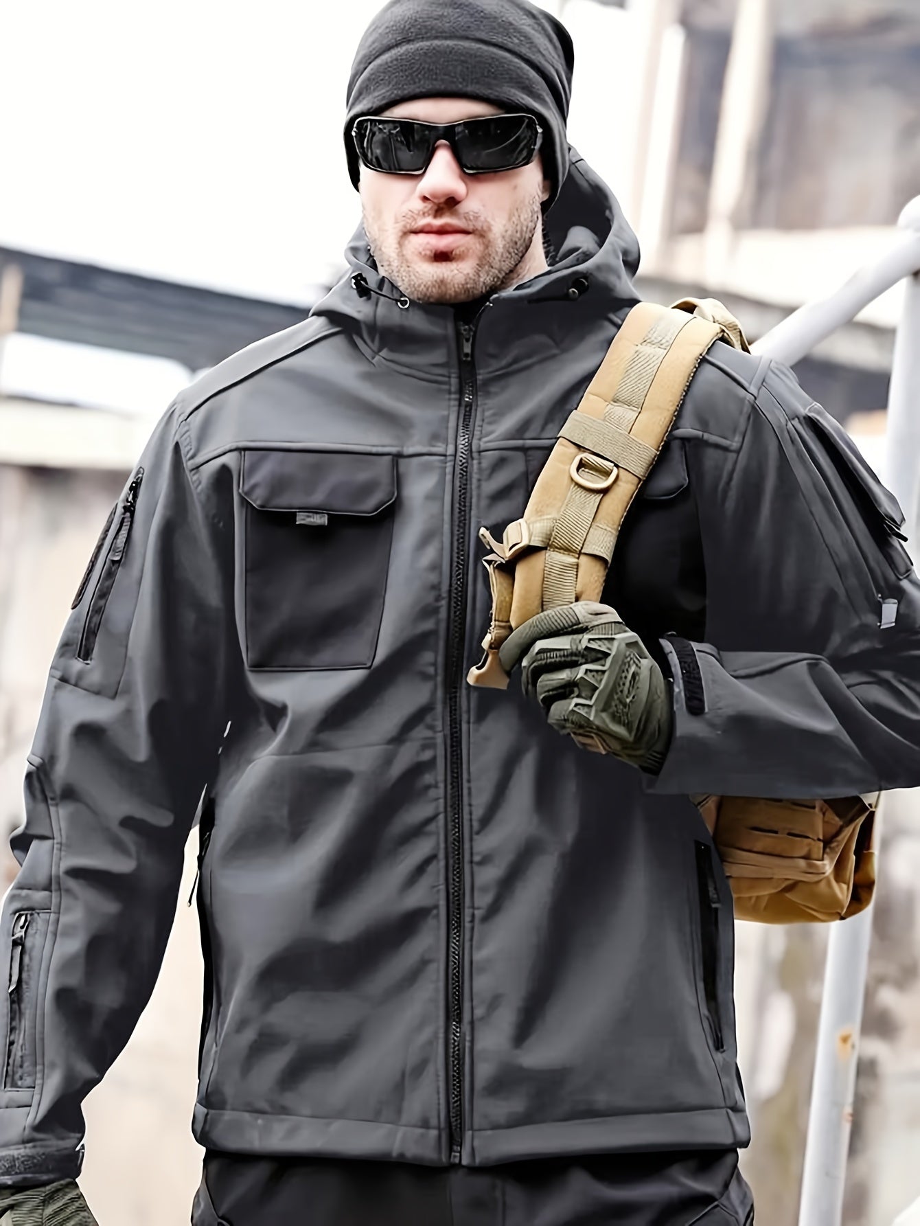 Men's Stylish Color Block Tactical Hooded Jacket - Windproof, Fleece-Lined, Water-Resistant Outdoor Coat